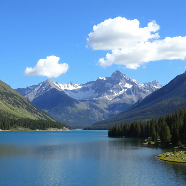 A beautiful landscape with mountains in the background, a serene lake in the foreground, and a clear blue sky with a few fluffy clouds