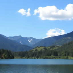 A beautiful landscape with mountains in the background, a serene lake in the foreground, and a clear blue sky with a few fluffy clouds