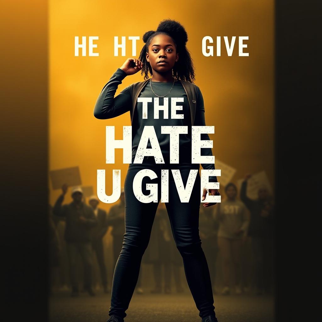 Create a movie poster for 'The Hate U Give', featuring the main character Starr Carter standing strong and determined