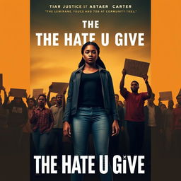 Create a movie poster for 'The Hate U Give', featuring the main character Starr Carter standing strong and determined