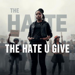 Create a movie poster for 'The Hate U Give', featuring the main character Starr Carter standing strong and determined