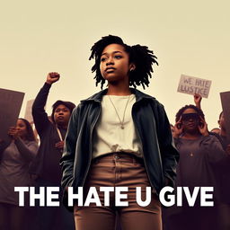 Create a movie poster for 'The Hate U Give', featuring the main character Starr Carter standing strong and determined