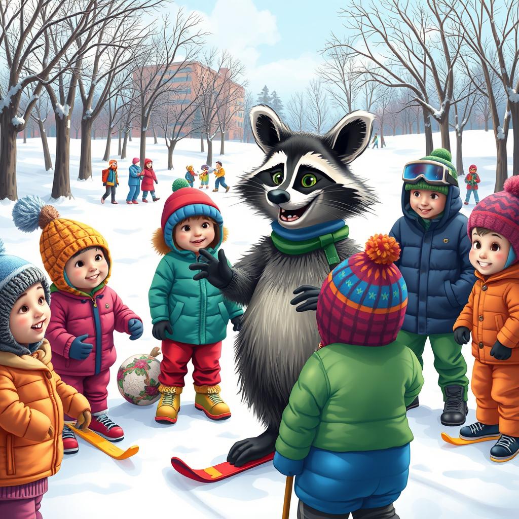 A lively scene in a snowy landscape featuring a wacky raccoon coaching children and adults on the fundamentals of good sportsmanship