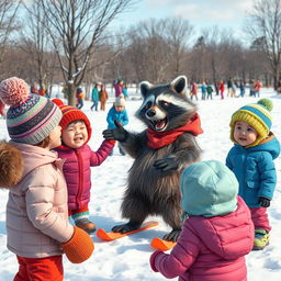 A lively scene in a snowy landscape featuring a wacky raccoon coaching children and adults on the fundamentals of good sportsmanship