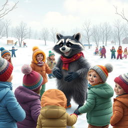 A lively scene in a snowy landscape featuring a wacky raccoon coaching children and adults on the fundamentals of good sportsmanship