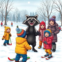 A lively scene in a snowy landscape featuring a wacky raccoon coaching children and adults on the fundamentals of good sportsmanship