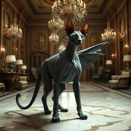 A majestic Sphynx beast with two long, elegant tails, standing regally in the grand hall of an opulent mansion