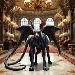 A majestic Sphynx beast with two long, elegant tails, standing regally in the grand hall of an opulent mansion