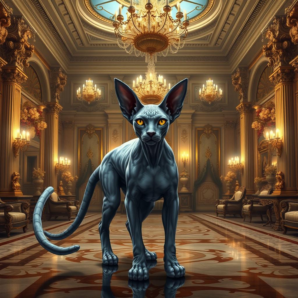 A majestic Sphynx beast with two long, elegant tails, standing regally in the grand hall of an opulent mansion