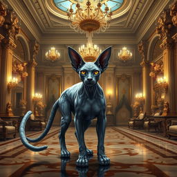 A majestic Sphynx beast with two long, elegant tails, standing regally in the grand hall of an opulent mansion