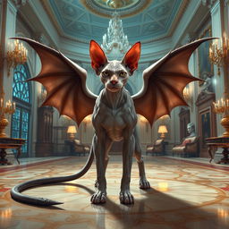 A majestic Sphynx beast with two long, elegant tails, standing regally in the grand hall of an opulent mansion