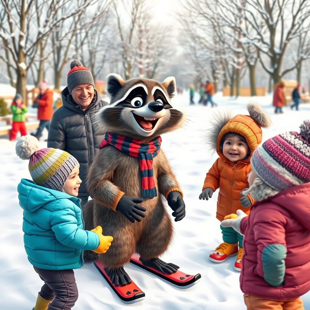 A cheerful scene in a snowy landscape featuring a wacky raccoon teaching children and adults the fundamentals of good sportsmanship