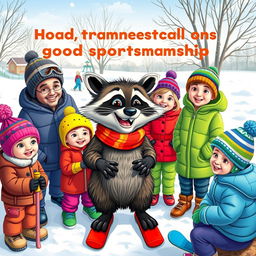 A cheerful scene in a snowy landscape featuring a wacky raccoon teaching children and adults the fundamentals of good sportsmanship