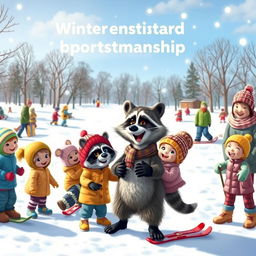 A cheerful scene in a snowy landscape featuring a wacky raccoon teaching children and adults the fundamentals of good sportsmanship