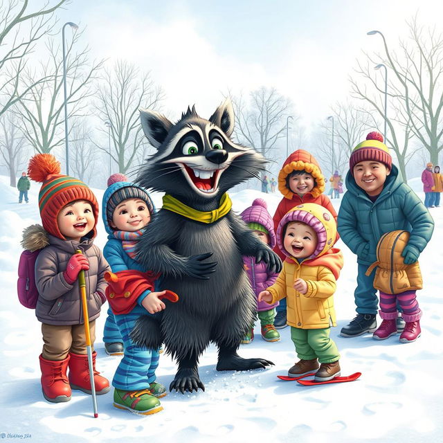 A cheerful scene in a snowy landscape featuring a wacky raccoon teaching children and adults the fundamentals of good sportsmanship