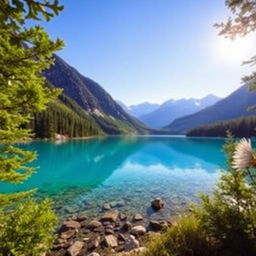 Generate an image of a beautiful and serene landscape featuring a clear blue lake surrounded by lush green trees and mountains in the background under a bright, sunny sky