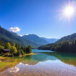 Generate an image of a beautiful and serene landscape featuring a clear blue lake surrounded by lush green trees and mountains in the background under a bright, sunny sky