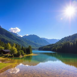 Generate an image of a beautiful and serene landscape featuring a clear blue lake surrounded by lush green trees and mountains in the background under a bright, sunny sky