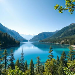 Generate an image of a beautiful and serene landscape featuring a clear blue lake surrounded by lush green trees and mountains in the background under a bright, sunny sky