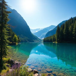 Generate an image of a beautiful and serene landscape featuring a clear blue lake surrounded by lush green trees and mountains in the background under a bright, sunny sky