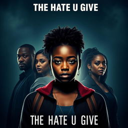 Create a movie poster for 'The Hate U Give' featuring Starr in the front, with the other main characters behind her in a triangle formation