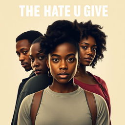 Create a movie poster for 'The Hate U Give' featuring Starr in the front, with the other main characters behind her in a triangle formation