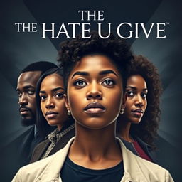 Create a movie poster for 'The Hate U Give' featuring Starr in the front, with the other main characters behind her in a triangle formation