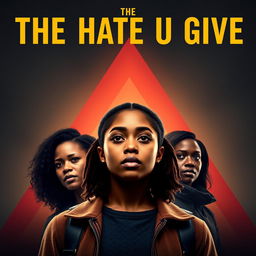 Create a movie poster for 'The Hate U Give' featuring Starr in the front, with the other main characters behind her in a triangle formation