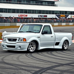 A high-quality image of a lowered, widebody, white 2003 Ford Ranger extended cab, drift-built with twin turbos