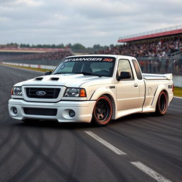 A high-quality image of a lowered, widebody, white 2003 Ford Ranger extended cab, drift-built with twin turbos