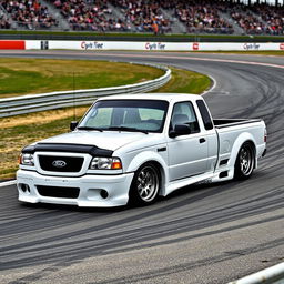 A high-quality image of a lowered, widebody, white 2003 Ford Ranger extended cab, drift-built with twin turbos