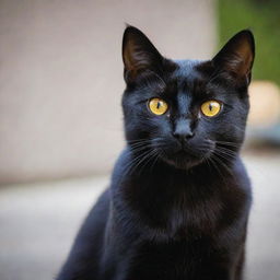 A sleek, black cat with bright, shining eyes and a glossy coat.