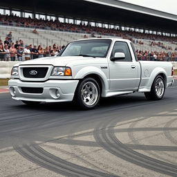 A high-quality image of a lowered, widebody, white 2003 Ford Ranger extended cab, drift-built with twin turbos