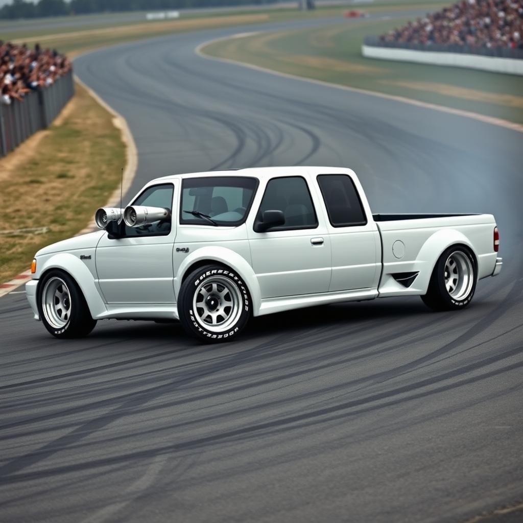 A high-quality image of a lowered, widebody, white 2003 Ford Ranger extended cab, drift-built with twin turbos and white letter tires