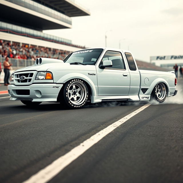 A high-quality image of a lowered, widebody, white 2003 Ford Ranger extended cab, drift-built with twin turbos and white letter tires