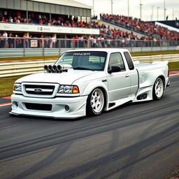 A high-quality image of a lowered, widebody, white 2003 Ford Ranger extended cab, drift-built with twin turbos and white letter tires