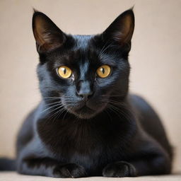 A sleek, black cat with bright, shining eyes and a glossy coat.