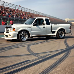 A high-quality image of a lowered, widebody, white 2003 Ford Ranger extended cab, drift-built with twin turbos and white letter tires