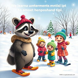 A heartwarming scene in a snowy landscape featuring a wacky raccoon, children, and adults learning the fundamentals of good sportsmanship