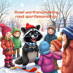 A heartwarming scene in a snowy landscape featuring a wacky raccoon, children, and adults learning the fundamentals of good sportsmanship