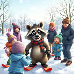 A heartwarming scene in a snowy landscape featuring a wacky raccoon, children, and adults learning the fundamentals of good sportsmanship