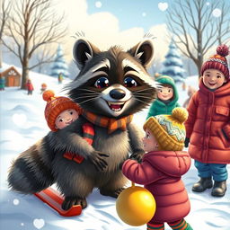 A heartwarming scene in a snowy landscape featuring a wacky raccoon, children, and adults learning the fundamentals of good sportsmanship