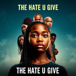 Create a movie poster for 'The Hate U Give' featuring 16-year-old Starr, who has long braids, in the front