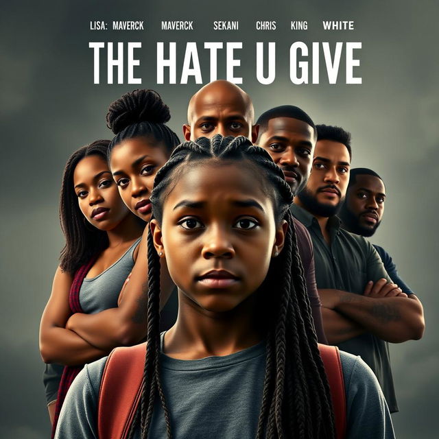 Create a movie poster for 'The Hate U Give' featuring 16-year-old Starr, who has long braids, in the front