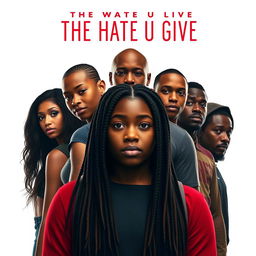 Create a movie poster for 'The Hate U Give' featuring 16-year-old Starr, who has long braids, in the front