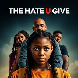 Create a movie poster for 'The Hate U Give' featuring 16-year-old Starr, who has long braids, in the front