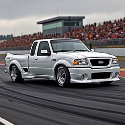 A high-quality image of a lowered, widebody, white 2003 Ford Ranger extended cab, drift-built with twin turbos and white letter tires