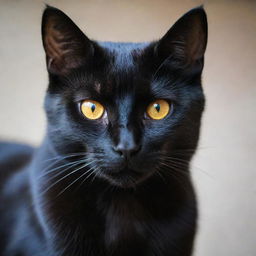 A sleek, black cat with bright, shining eyes and a glossy coat.