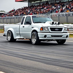 A high-quality image of a lowered, widebody, white 2003 Ford Ranger extended cab, drift-built with twin turbos and white letter tires