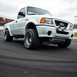 A high-quality image of a lowered, widebody, white 2003 Ford Ranger extended cab, drift-built with twin turbos and white letter tires